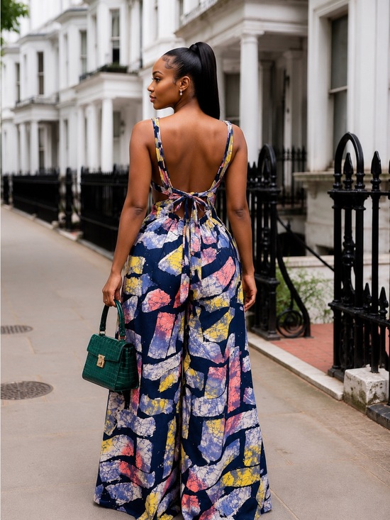 Pants - Halter-Neck Wide-Leg Jumpsuit in Rust Multi Print